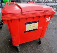 Large red plastic wheelie bin - dimensions: 120 x 100 x 130cm