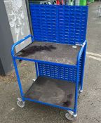 Blue wheeled shelved trolley with lin bin racking - L 75 x W 52 x H 135 cm