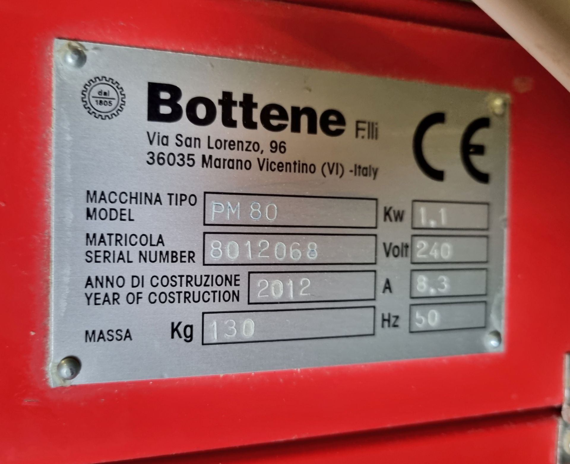 Bottene PM80 pasta maker on mobile trolley - 2012 - serial 8012068 - 1.1kW - 240v - 50Hz - Image 6 of 8