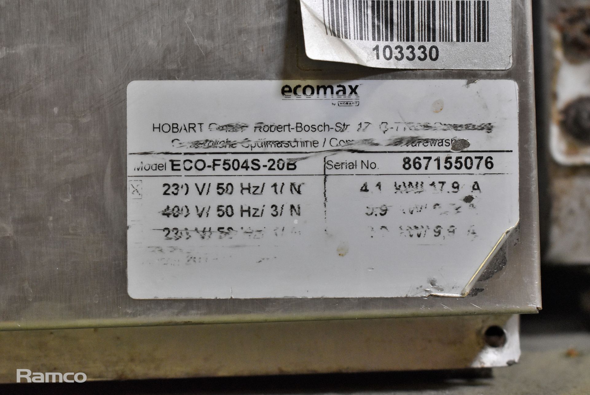 Hobart Ecomax ECO-F504S-20B stainless steel undercounter dishwasher - L580mm - Bild 4 aus 4