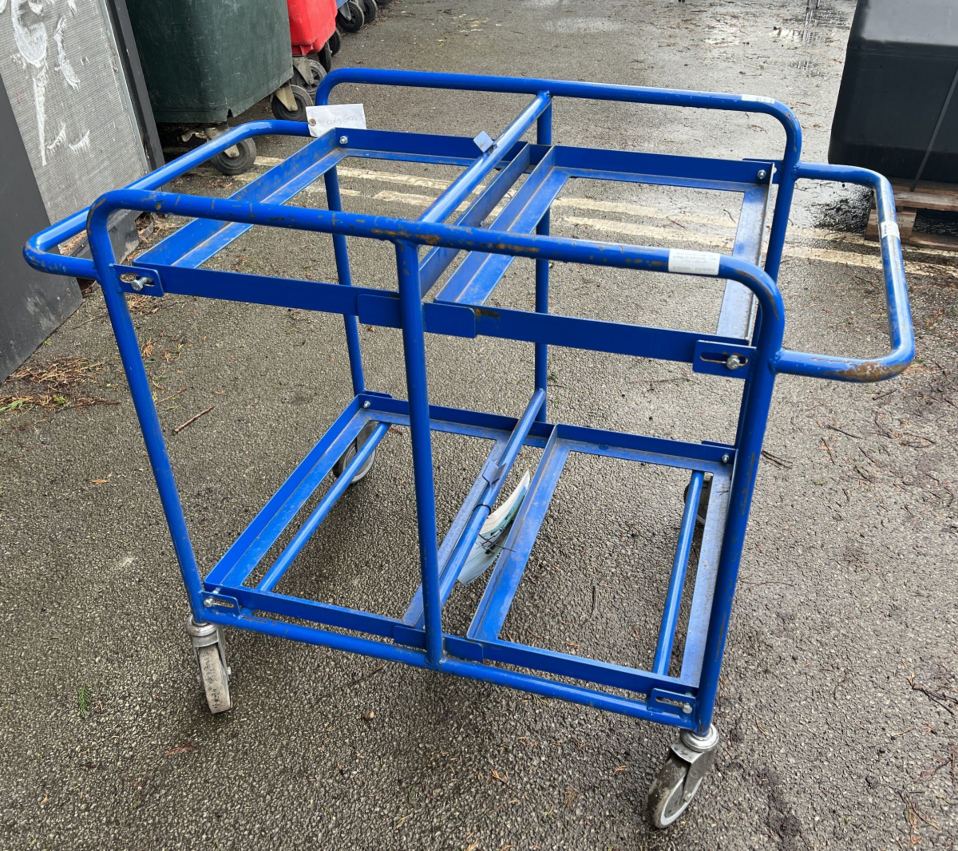 Blue wheeled trolley with shelves for tote boxes - L 120 x W 70 x H 90 cm