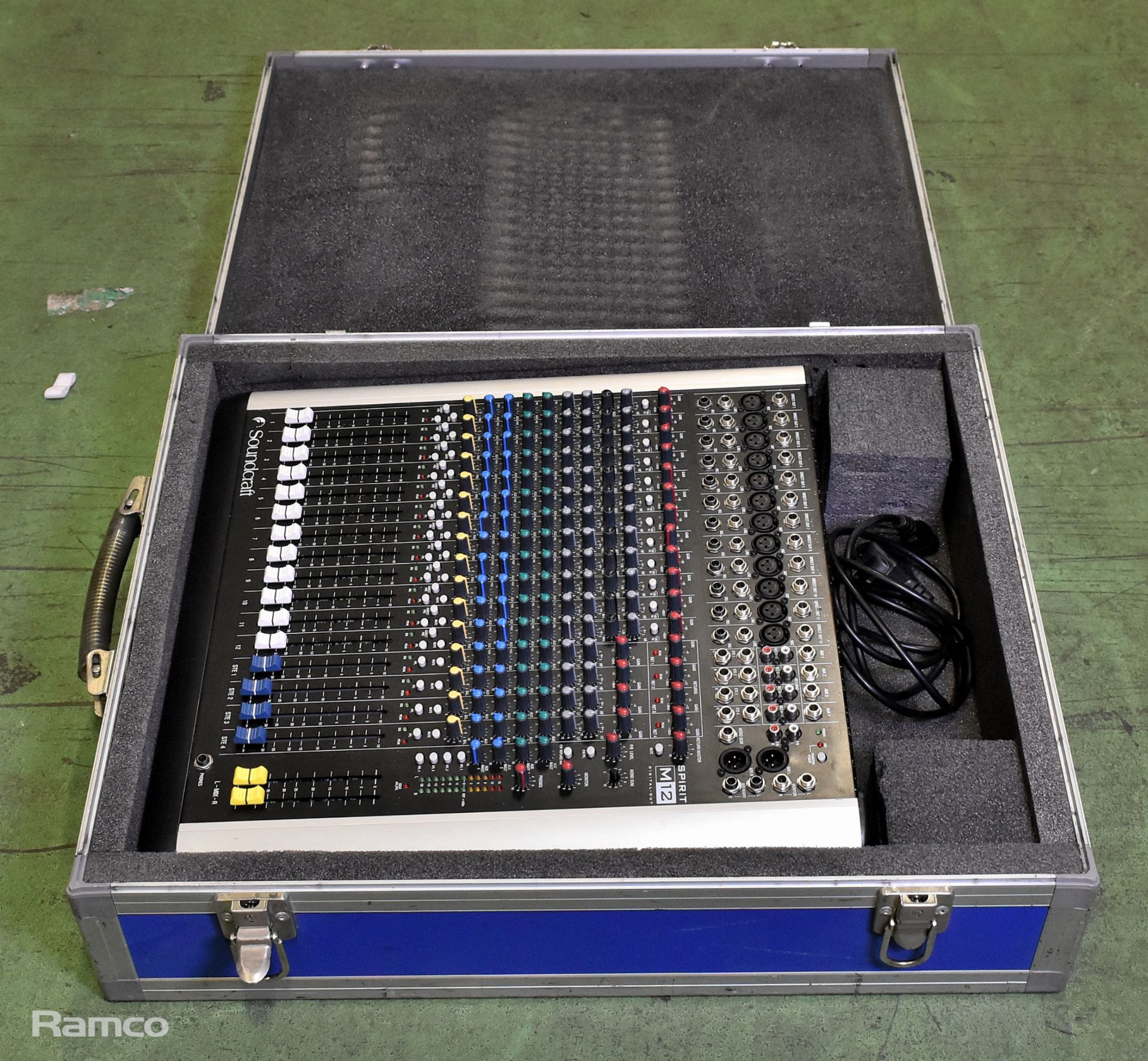 Soundcraft Spirit M12 12 channel audio mixer in flight case