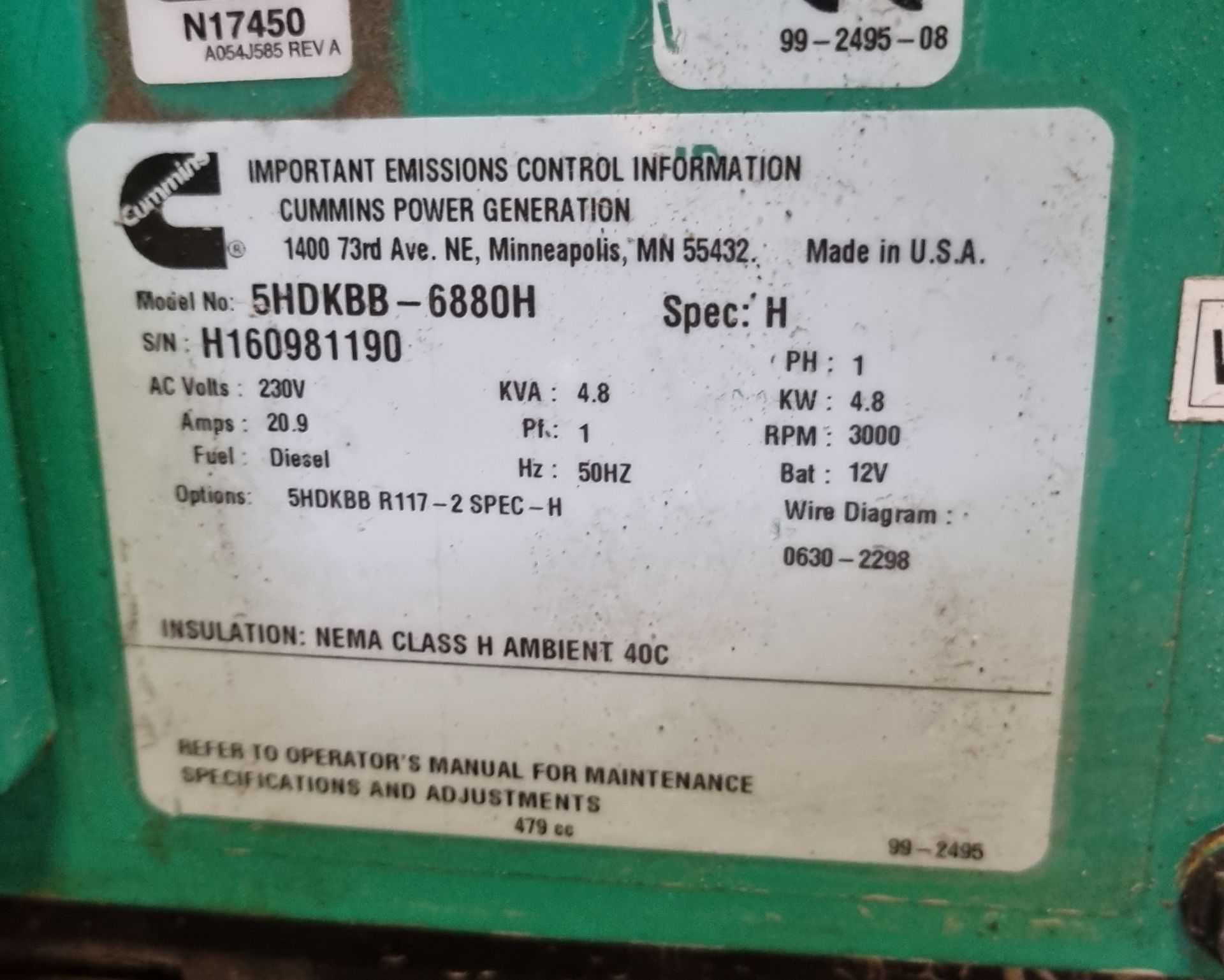 Cummins 5HDKBB-688OH Onan generator (Diesel) spec H - S/N H160981190 - PH1, 4.8KVA 230V 50HZ 3000RPM - Image 6 of 13