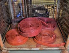 5x red layflat fire hoses - mixed sizes - some missing couplings