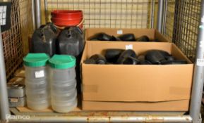 54x Black plastic canteens - incomplete, 7x Stainless steel vacuum flasks, 7x Plastic fire buckets