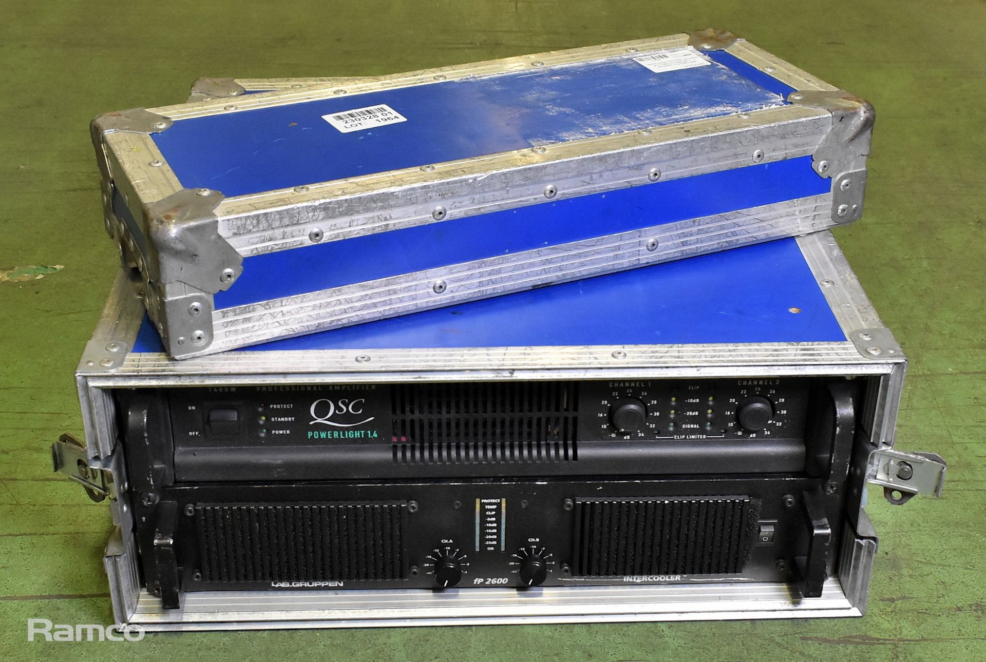 Lab Gruppen FP2600 amplifier and QSC Powerlight 1.4 amplifier in a flightcase