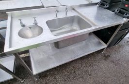 Stainless steel preparation table with double sink basin - 182 x 82 x 107cm