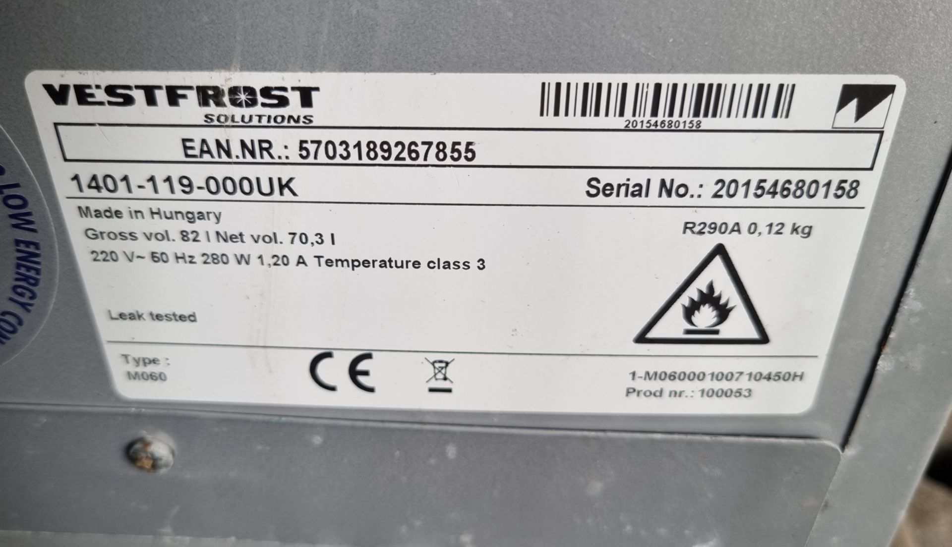 Vestfrost 1401-119-000UK Drinks fridge, 220V 60Hz - L46 x W52 x H121 - Image 5 of 5