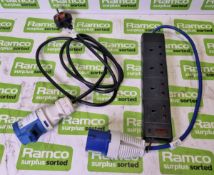 Defender 2P+E industrial power plug to 4 gang 3 pin UK mains socket extension adaptor