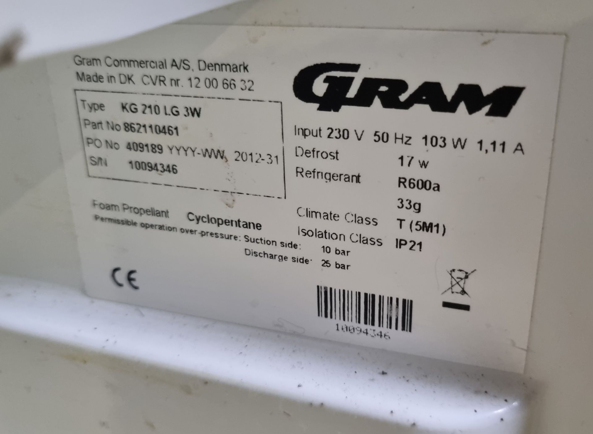 Gram KG 210 LG 3W undercounter fridge - 67 x 60 x 82cm - Image 5 of 5