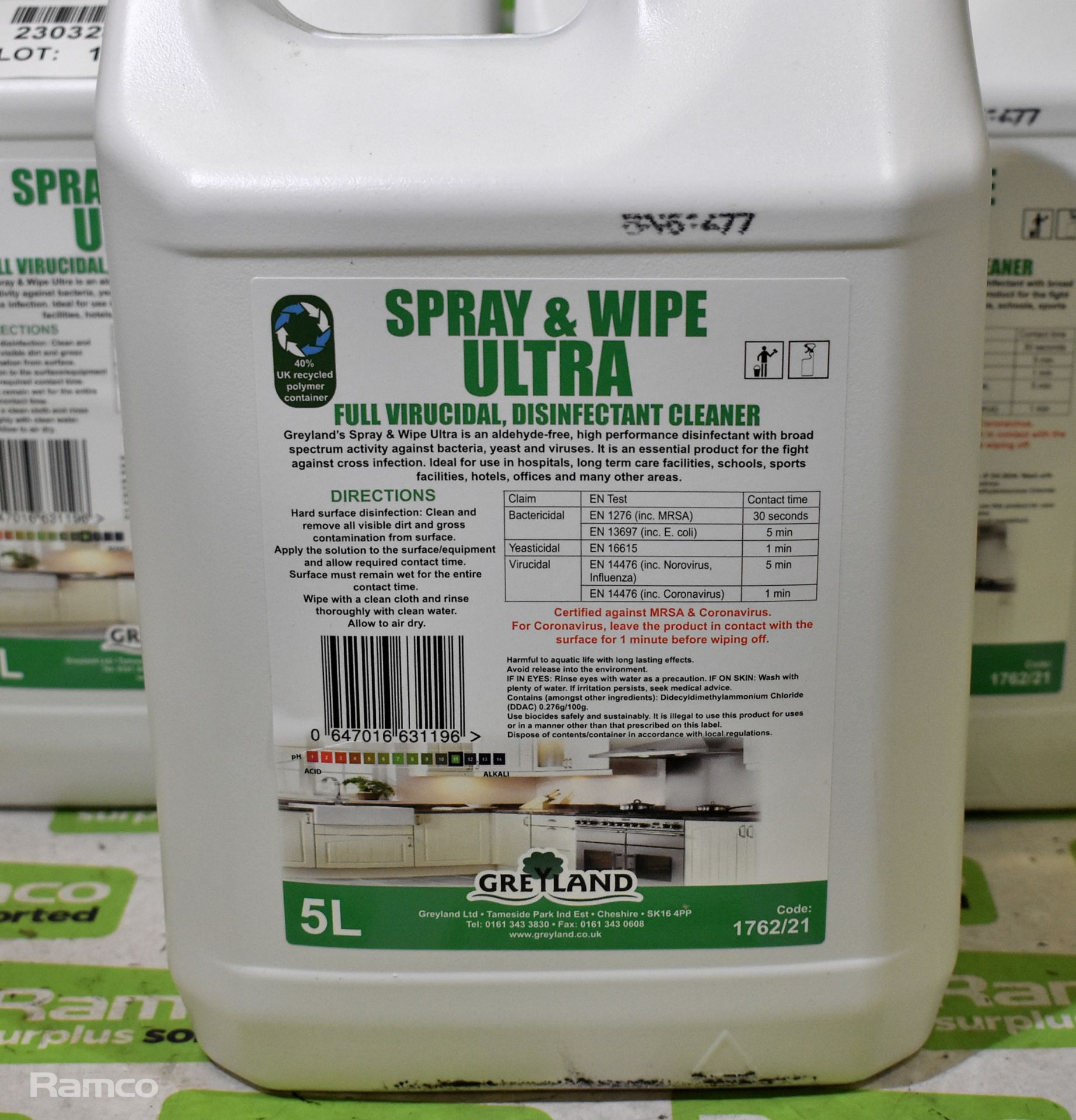 3x Greyland Spray & wipe ultra full virucidal disinfectant cleaner - 5 Litre bottles - Image 2 of 2