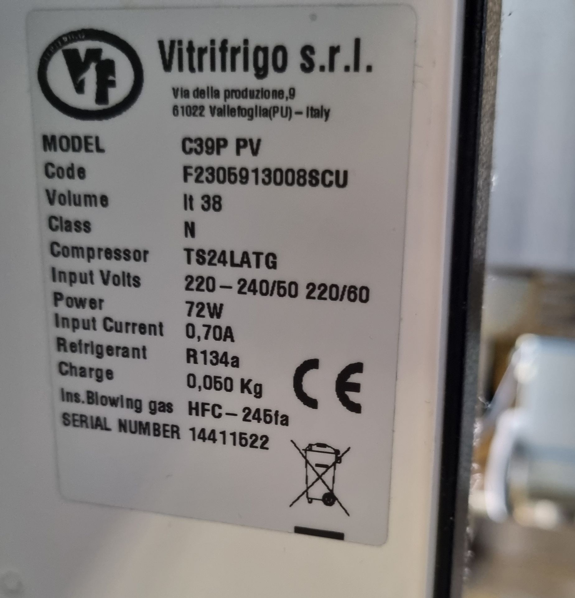 Vitrifrigo C39P PV Mini fridge, 220/240V 50Hz - L39 x W40 x H54cm - Image 4 of 4