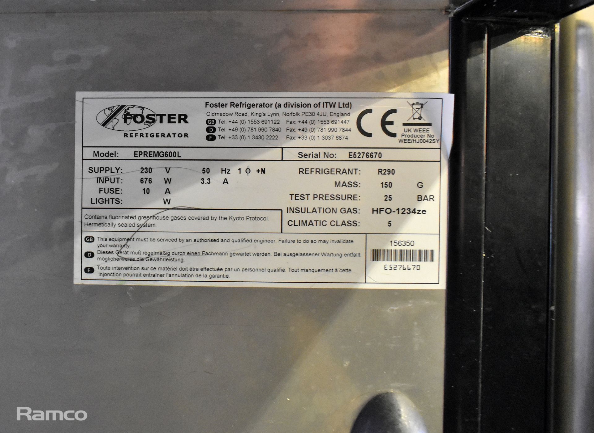 Foster EPREMG600L stainless steel single door freezer (missing front top panel) - 700mm W - Image 4 of 6