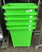 5x Green storage bins on castors - dimensions: 67 x 50 x 79cm