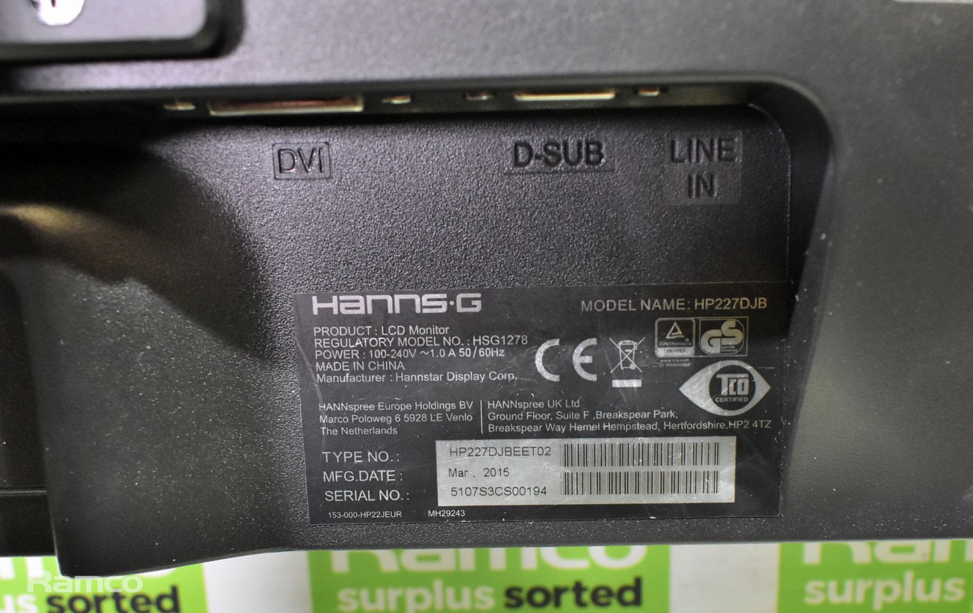 Hanns-G HSG1278 computer 21.5inch LCD monitor - no cables, requires C13 socket lead, Tecknet X315 2 - Image 4 of 5