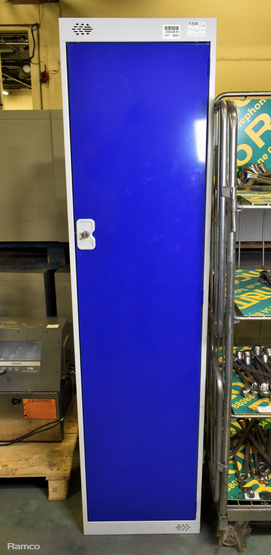 Single metal upright locker with key - L450 x D450 x H1800mm (dented top as seen in pictures)