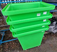 4x Green plastic storage bins on castors - dimensions: 67 x 50 x 79cm