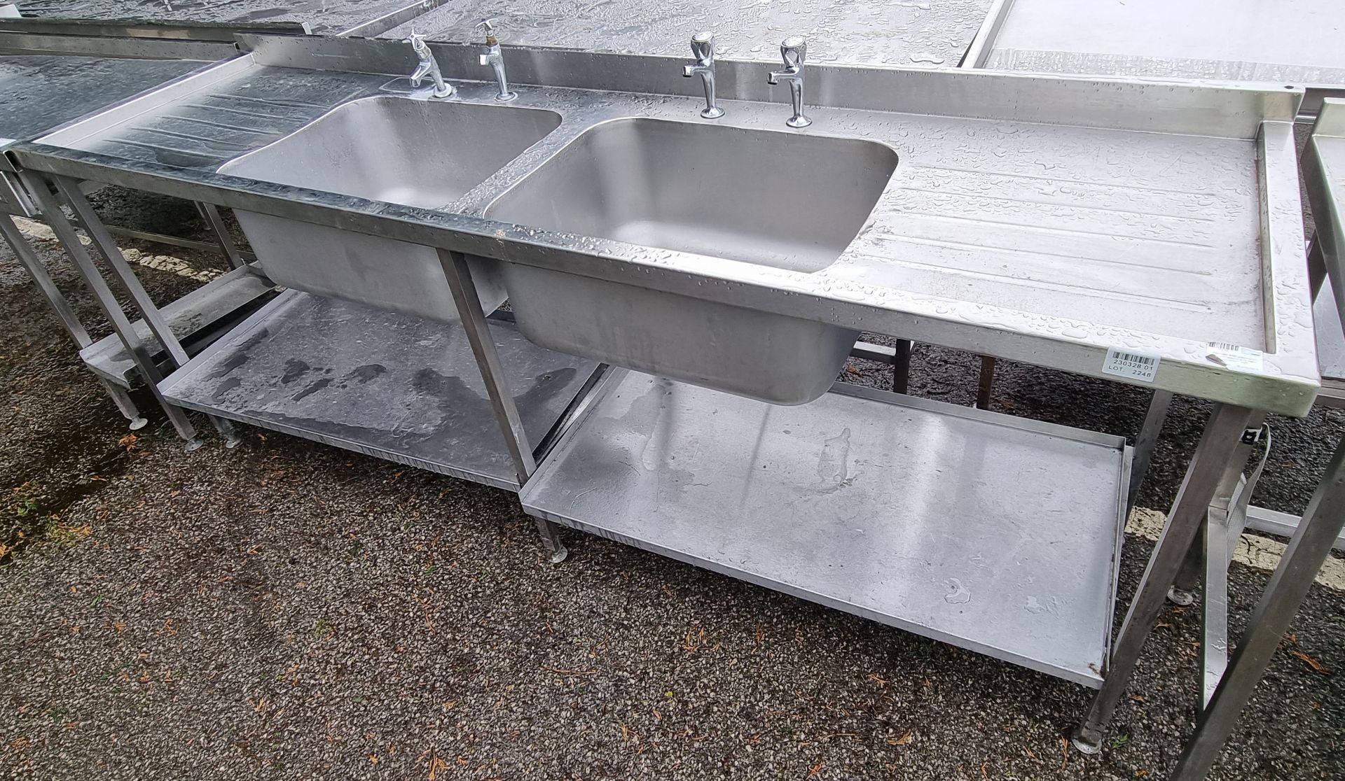 Stainless steel preparation table with double sink basin - 240 x 66 x 111cm