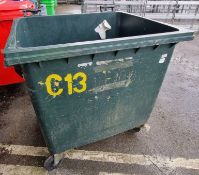 Large green plastic wheelie bin (no lid) - dimensions: 120 x 100 x 130cm