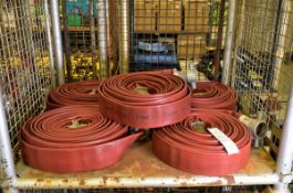 5x Red layflat fire hoses - 70mm diameter, approx 20m length