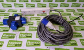 PCE 3-way splitter box, 2P+E industrial power plug to 4 gang 3 pin UK mains socket extension adaptor