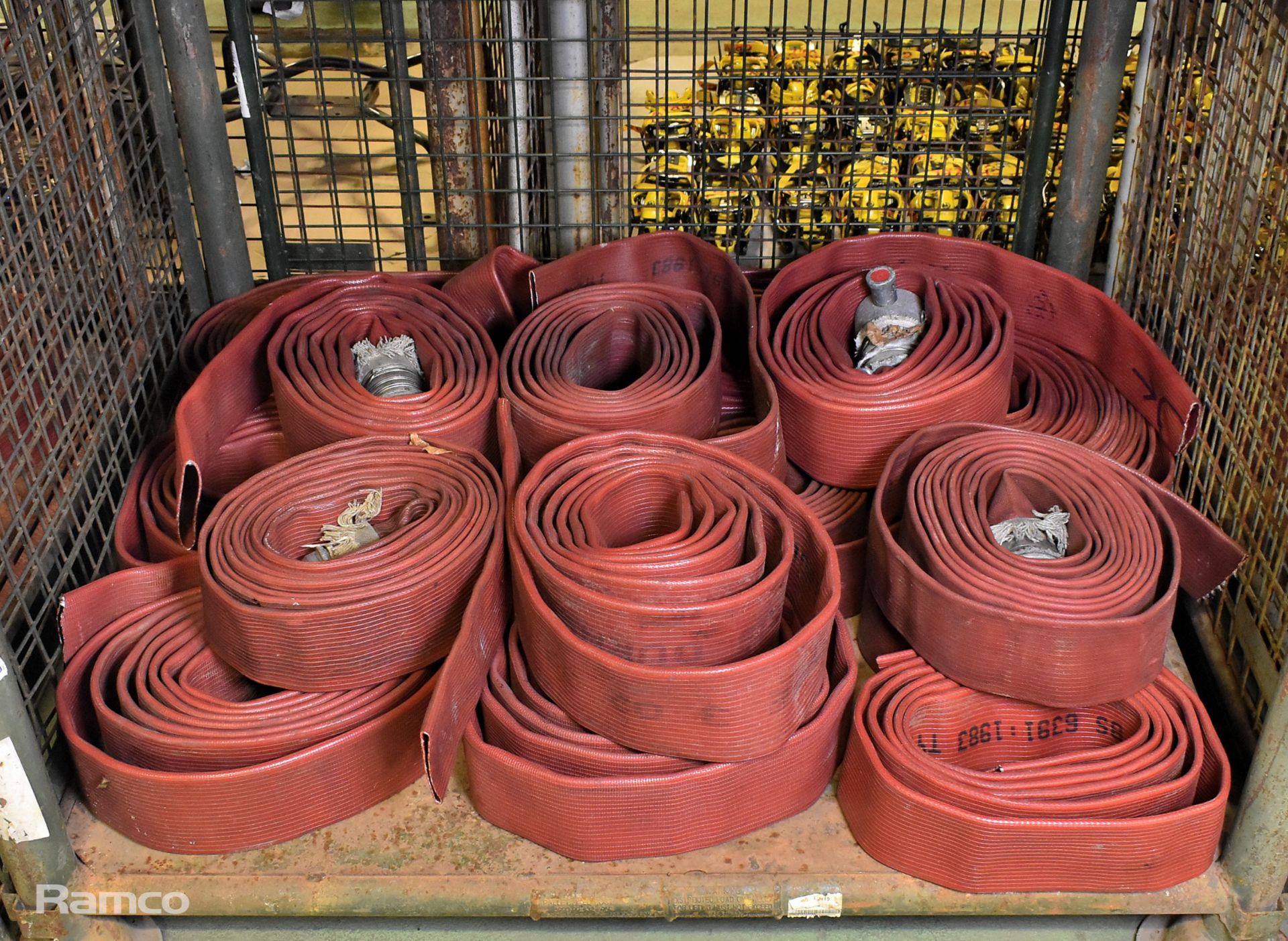 16x red layflat fire hoses - mixed sizes - some missing couplings