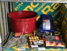 Assortment of BBQ Camping items - Coal bucket, corn holders, tent pegs, fire lighters, torch