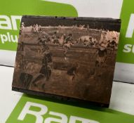 Printing plate with image of families in the sunshine pool with the waterway bridge behind