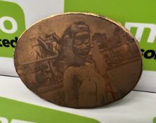 Printing plate - copper coloured - oval shaped with an image of a lady - 11 x 8 x 0.4cm