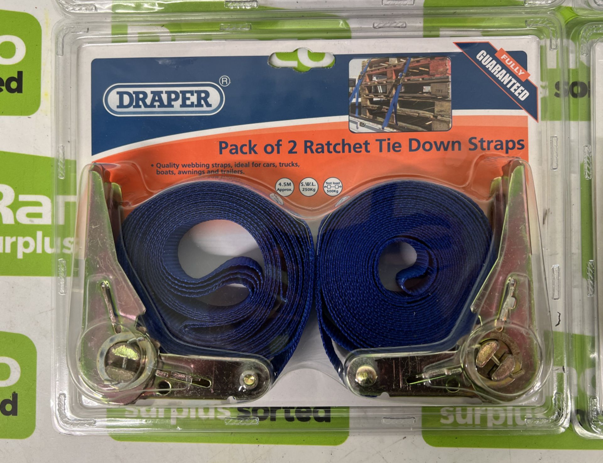6x packs of Draper 4.5m 500 kg ratchet straps - 2 straps per pack - Image 2 of 3