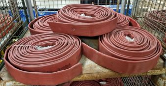 5x Red layflat fire hoses - 70mm diameter, approx 20M length