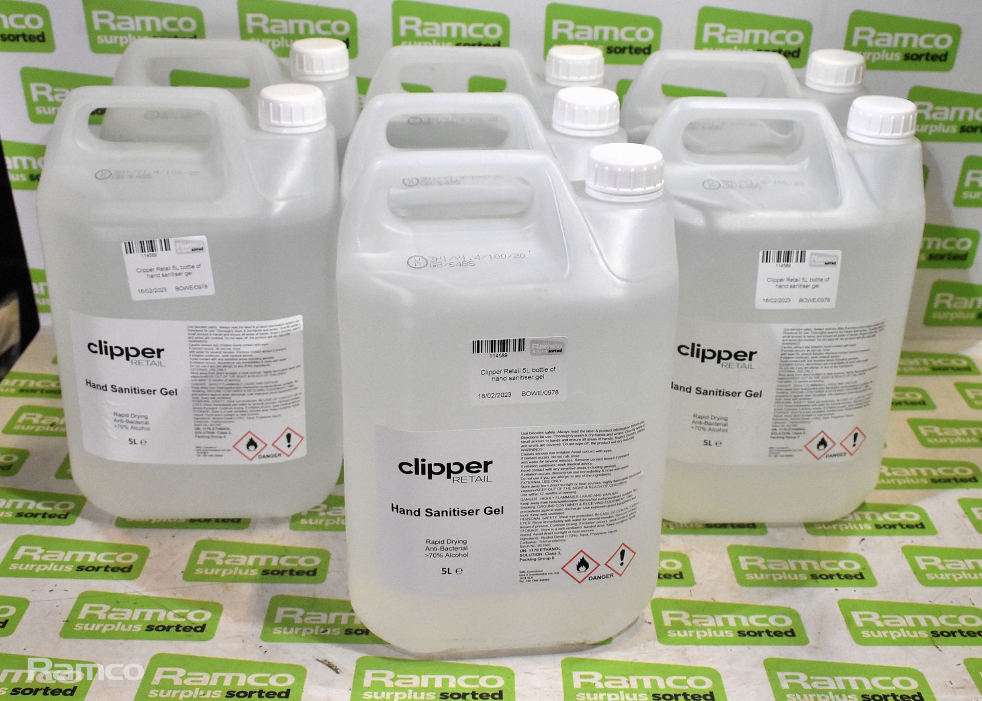 7x Clipper Retail 5L bottles of hand sanitiser gel