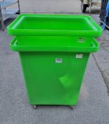2x Green storage bins on castors - dimensions: 67 x 50 x 79cm