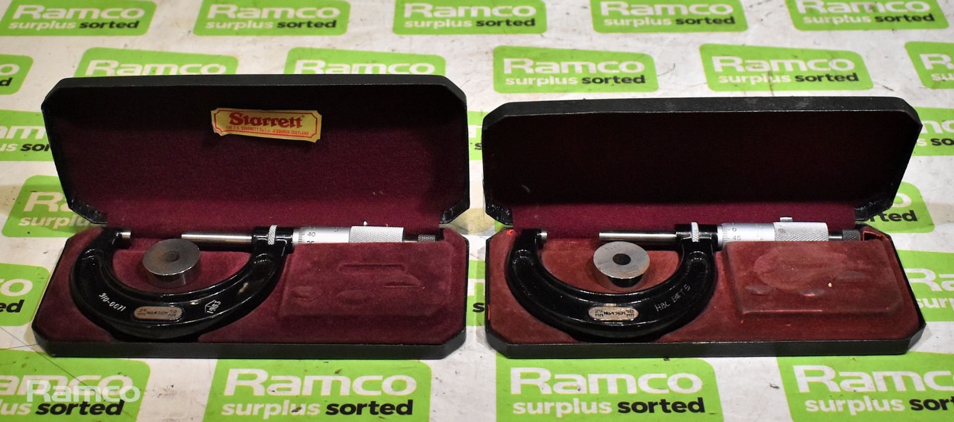 2x Starrett No 436 25-50mm micrometer calipers with case (incomplete)