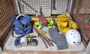 Ex-rescue equipment and spares including rubber chocks, rope, batteries (2 x Lucas, 1 x DeWalt)