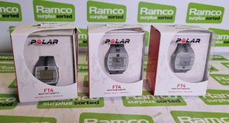 3x Polar FT4 Heart rate monitor watches with calorie count indicator and chest strap