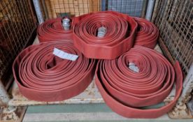 5x Red layflat fire hoses - 70mm diameter, approx 20m length