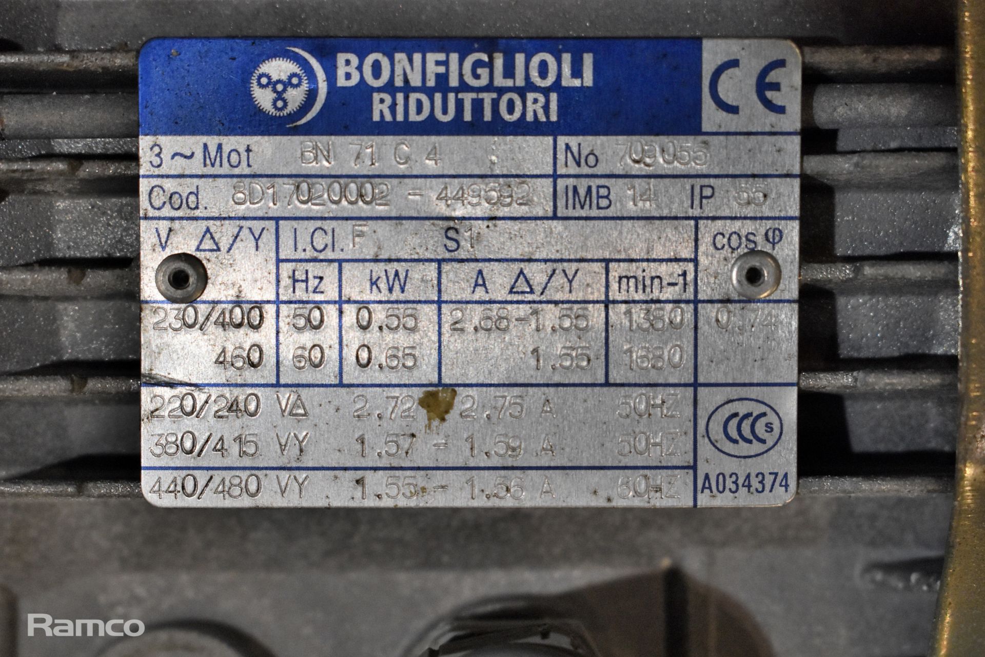 Bonfiglioli BN71C4 220-480V 3-phase electric motor with VF44F ratio 35:1 gearbox - Image 5 of 5