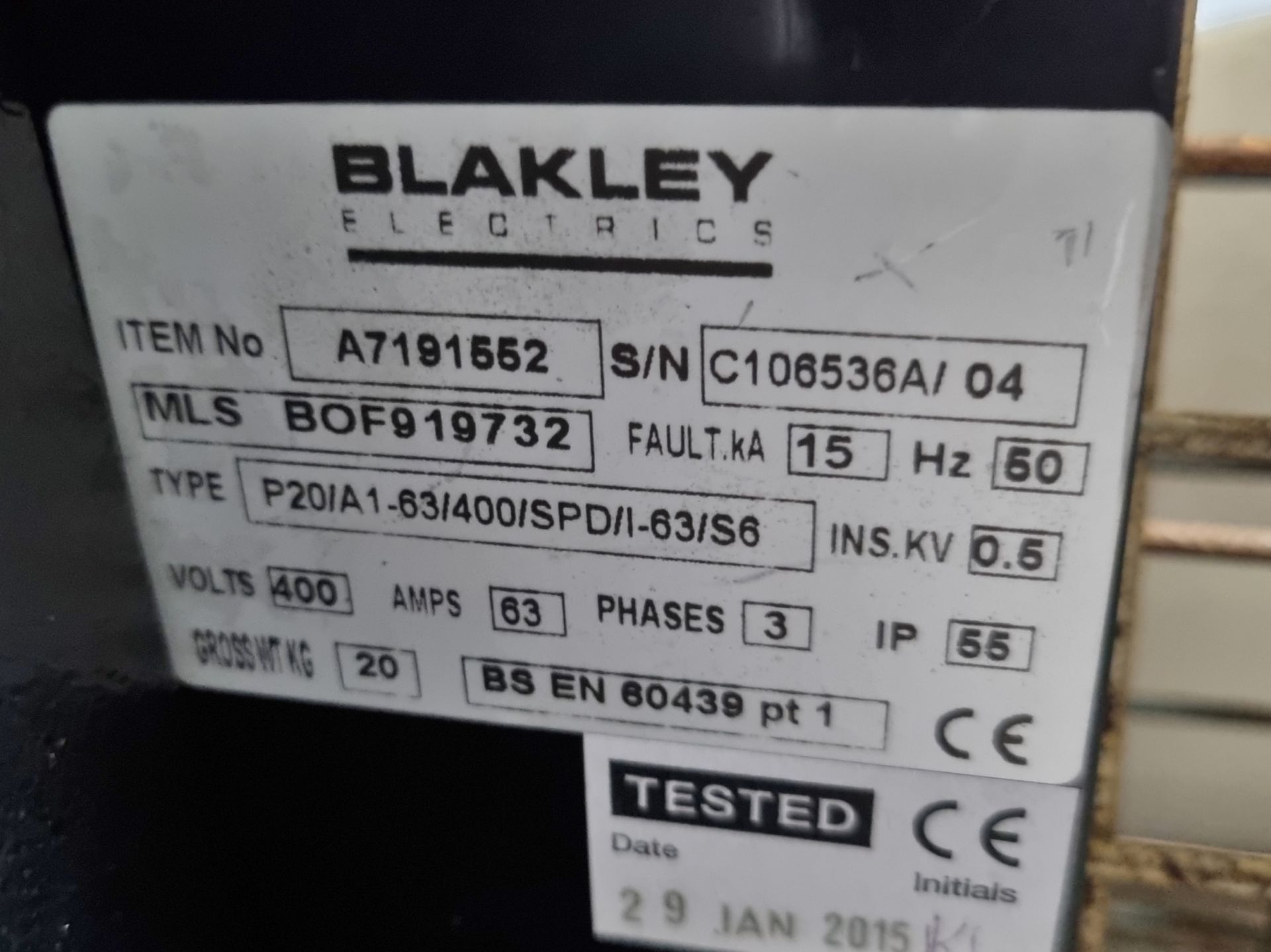 Blakley Electrics P20/A1-63/400/SPD/I-63/S6 powr distribution box - 400V - 63A - 3ph - 50hz - Image 3 of 3