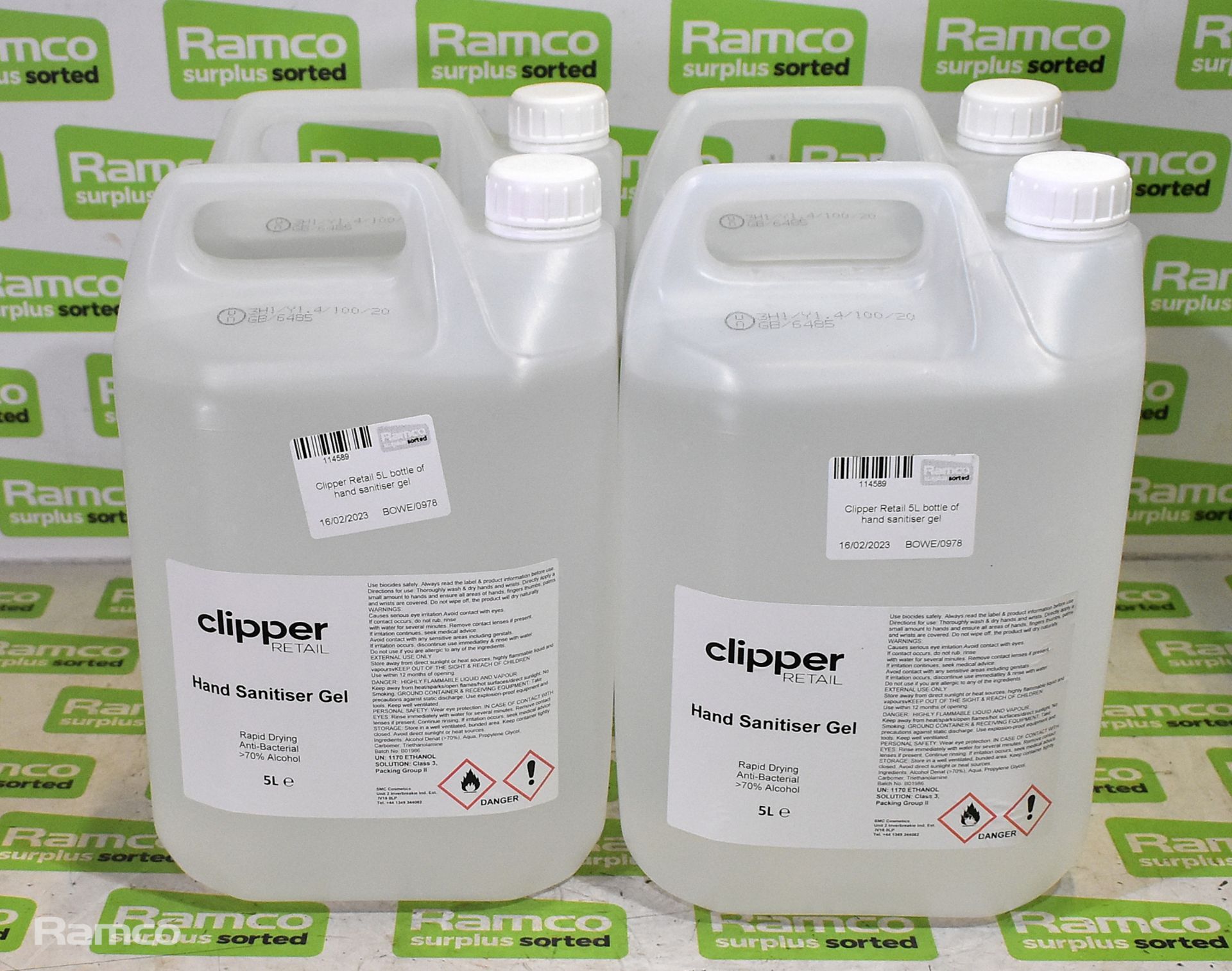 4x Clipper Retail 5L bottles of hand sanitiser gel - Image 2 of 3