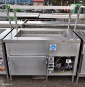 Stainless steel bain marie section with refrigerated cupboard and light gantry
