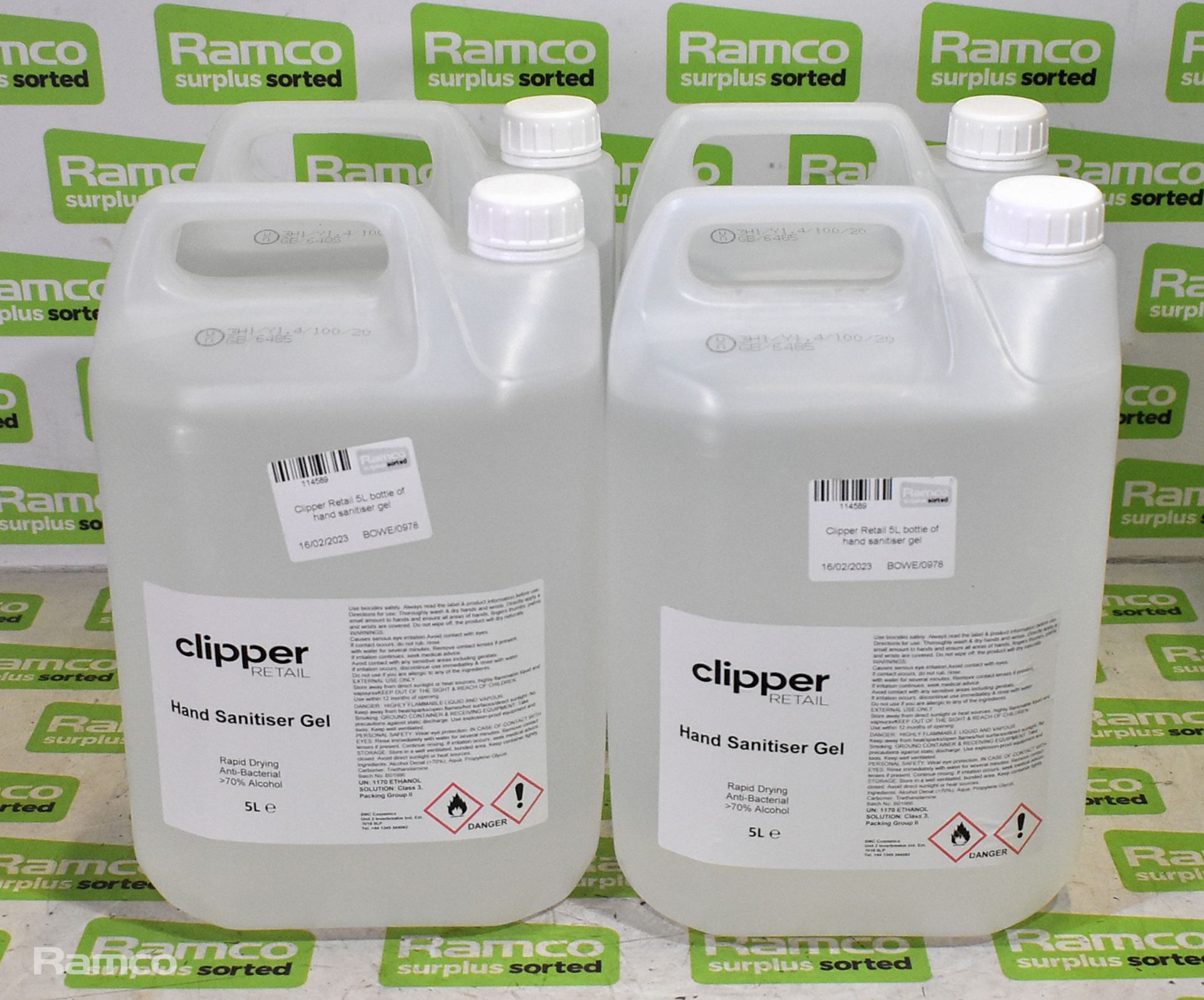 4x Clipper Retail 5L bottles of hand sanitiser gel