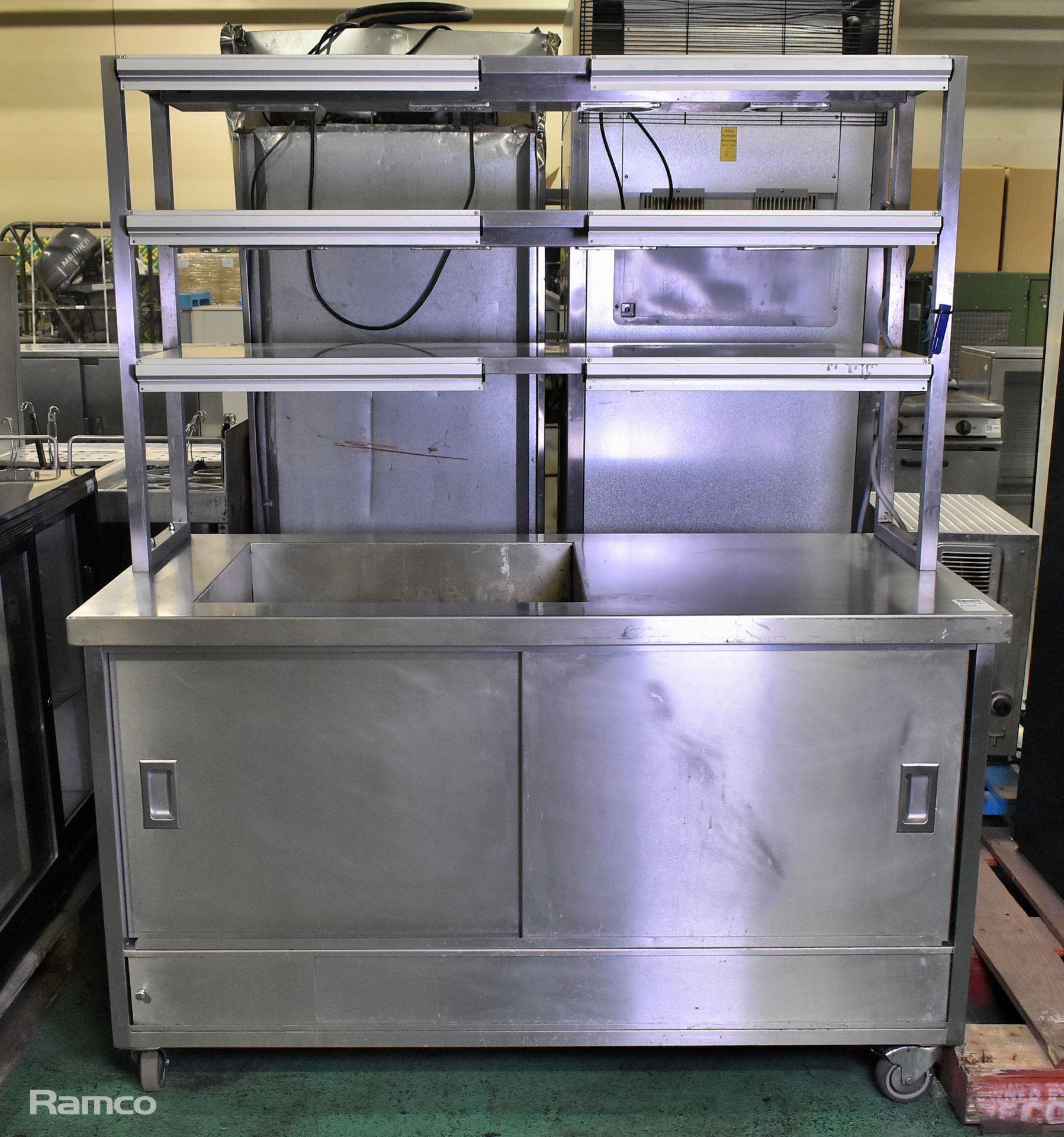 Stainless steel hot cupboard with bain marie and 3 tier heated gantry