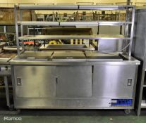 Stainless steel hot cupboard and bain marie unit with 3 tier serving gantry - w 1900mm