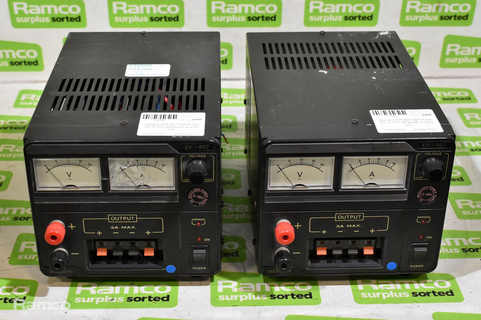2x Manson EP-907 bench top DC 3-15V 6A power supply units
