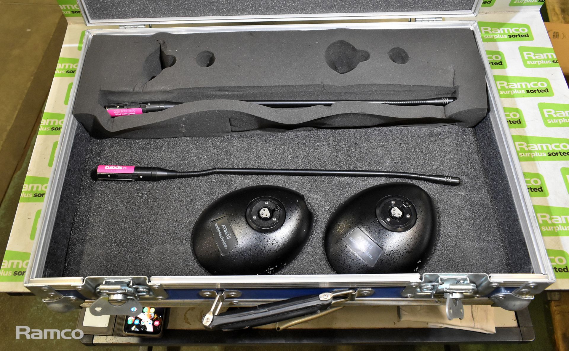2x Clock Audio C34ES lectern microphones and base plates in flightcase - 65 x 40 x 15cm - Image 2 of 6