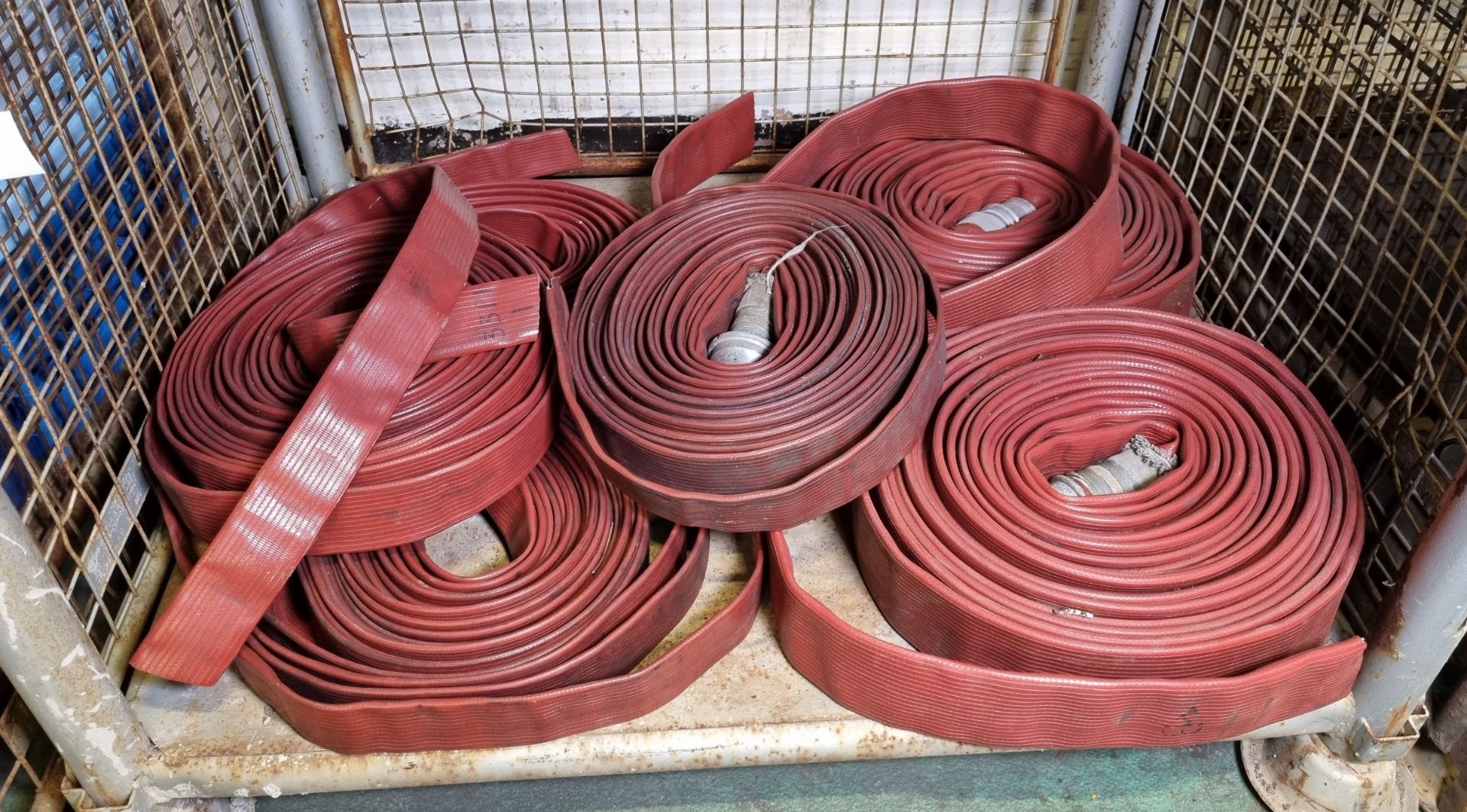 6x Layflat fire hose, mixed sizes, approx length 20m, some missing couplings