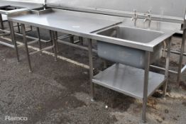 Stainless steel single sink bowl and counter top unit with bottom shelf - L 240 x W 70 x H 110cm