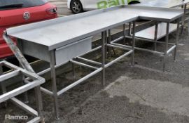 Stainless steel corner table with upstand and single drawer - L 255 x W 120 x H 90cm