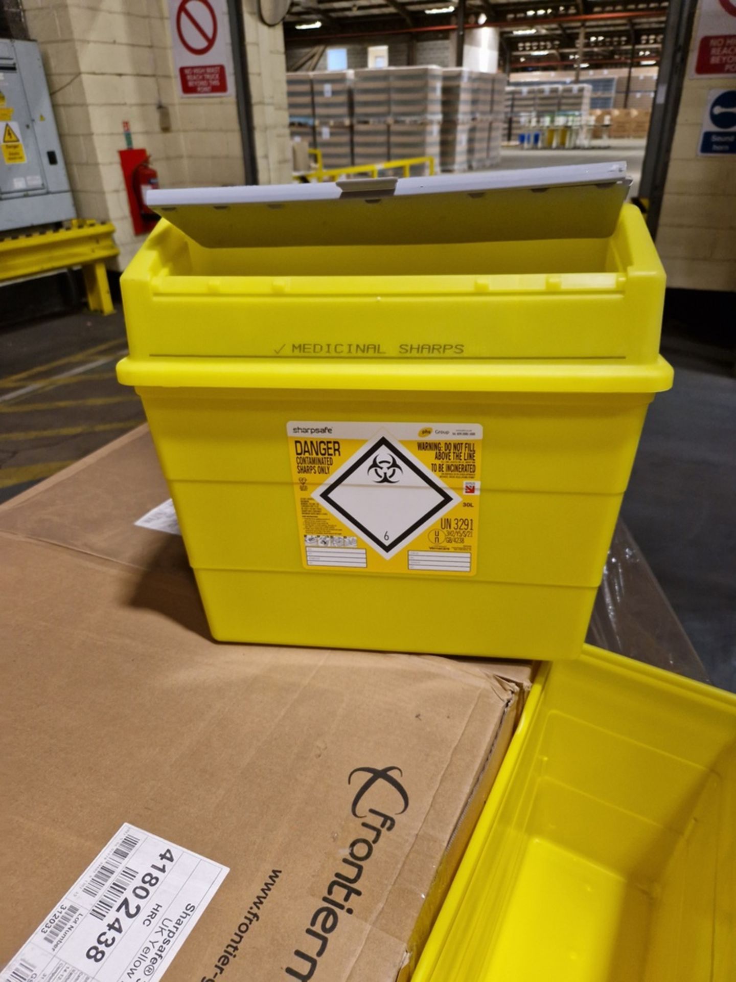 5x pallets of yellow polypropylene sharps containers - 30 litre - approx qty 480